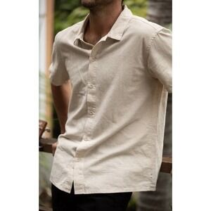 NEW! Rhythm Classic Linen Blend Short Sleeve Button Front Camp Shirt Ivory XS